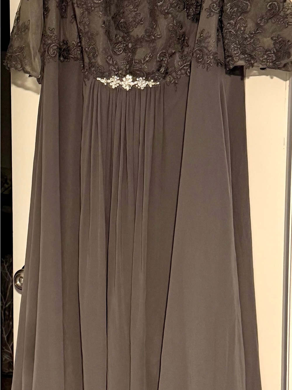 Azazie Steel Grey Embroidered Lace Bodice Long Sleeve Gown and Chiffon Wrap